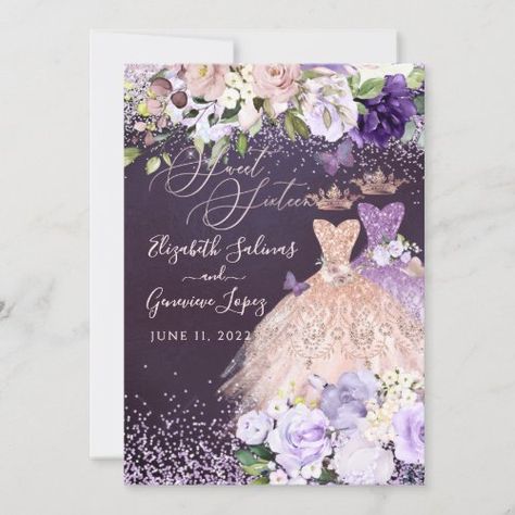 $ 2.95 | PixDezines Twins Sweet 16 Rose Gold Dusty Purple I - pixdezines, sweet 16 invitations, sweet sixteen gown, glitter gown sweet sixteen, butterflies sweet sixteen, rose gold dusty purple gown, watercolor twins dresses sweet sixteen Twins Quinceanera, Quinceanera Save The Date, Sweet 16 Rose Gold, Sweet 15 Invitations, 15 Invitations, Rose Gold Quinceanera, Purple Invitation, Glitter Gown, Quinceañera Invitations