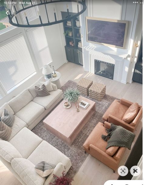 Maximum Living Room Seating, Tv In Open Concept Living Room, Living Room Layout With L Shaped Couch, Large Seating Area Family Rooms, Great Room Seating, Living Room Set Up With Couch And 2 Chairs, Multiple Couch Living Room Layout, Sand Sectional Living Room, Living Room With L Couch