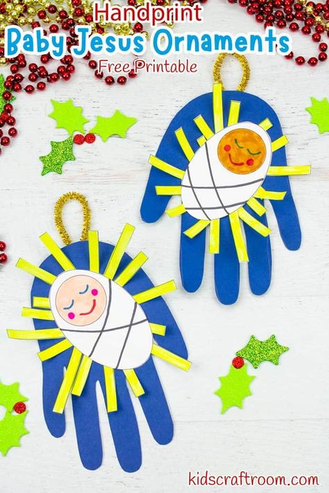 This Handprint Baby Jesus Ornament Craft is so adorable! This Christmas craft is really easy to make with the free printable template. Hang them as ornaments on your Christmas tree or glue them onto cardstock to make Baby Jesus Christmas Cards. #kidscraftroom #kidscrafts #Christmascrafts #ornaments #jesuscrafts #nativitycrafts #babyjesus Jesus Christmas Crafts, Religious Christmas Crafts, Baby Jesus Craft, Toddler Ornaments, Baby Jesus Ornament, Christmas Handprint Crafts, Jesus Crafts, Handprint Christmas, Kids Craft Room