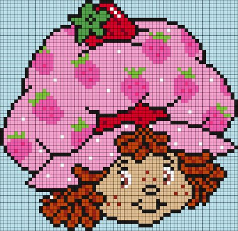 Strawberry Shortcake Cross Stitch Pattern, Strawberry Shortcake Alpha Pattern, Strawberry Shortcake Cross Stitch, Strawberry Shortcake Crochet Pattern, Strawberry Shortcake Pixel Art, Strawberry Shortcake Crochet, Kandi Cuffs, Hello Kitty Crochet, Square Grid