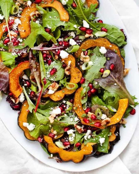 Acorn Squash Salad with Pomegranate & Walnuts | Last Ingredient Squash Salad Recipes, Acorn Squash Salad, Roasted Squash Salad, Roasted Acorn Squash, Balsamic Onions, Acorn Squash Recipes, Squash Salad, Delicata Squash, Onion Salad