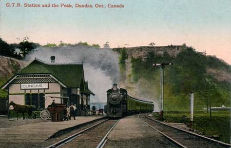 DUNDAS, Ontario - Grand Trunk RR stationpc ca 1912 Valentine Co Dundas Ontario, Train Depot, Railway Station, Ontario Canada, Abandoned Places, Train Station, Railroad Tracks, Pennsylvania, Ontario