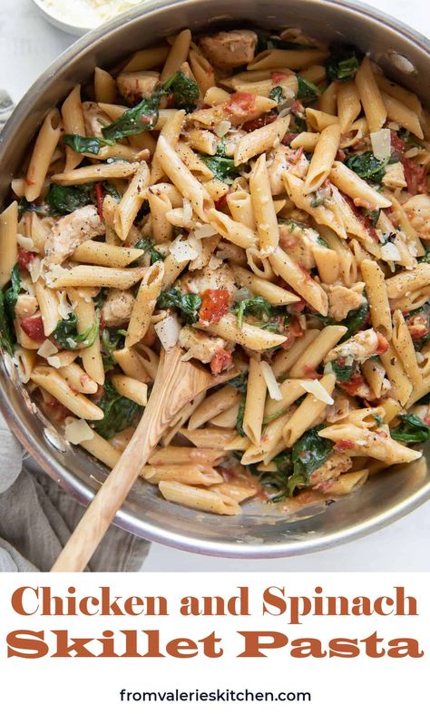 Dry pasta cooks up perfectly tender in a luscious sauce with chicken, spinach and tomatoes in this one pot wonder. This utterly delicious Chicken and Spinach Skillet Pasta is on the table in about 30 minutes! Chicken Spinach Recipes, Spinach Pasta Recipes, One Pot Wonder, Dry Pasta, Chicken Spinach Pasta, Chicken Penne, Skillet Pasta, Chicken Spinach, Pot Dinners