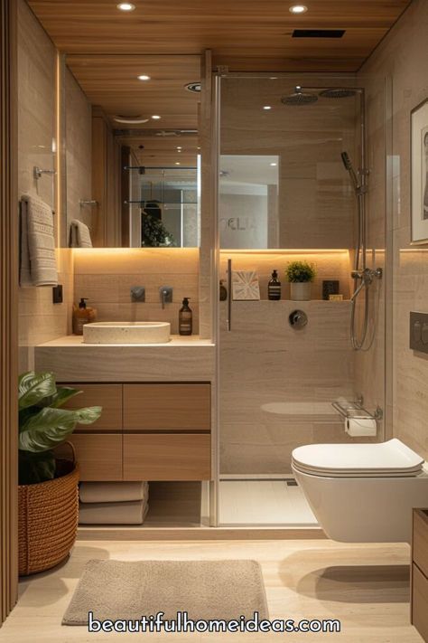 Small Secondary Bathroom Ideas, Bathroom Ideas For Apartments Decor, Tiny Modern Bathroom, Little Bathroom Ideas, Bedroom And Bathroom In One, Compact Bathroom Ideas, Sink Design Bathroom, Small Spa Bathroom, Home Design Bathroom