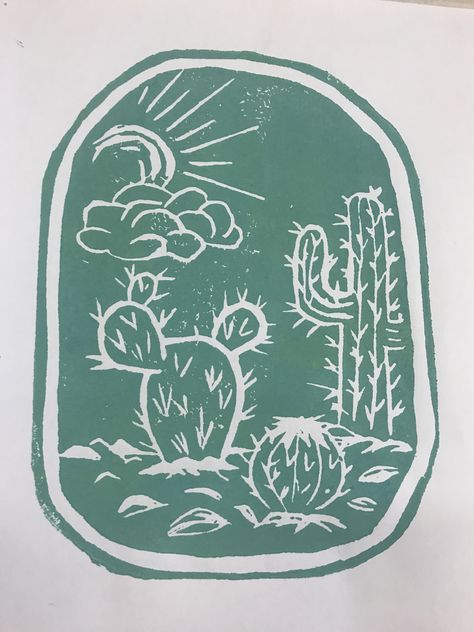 Cactus Screen Print, Cactus Block Print, Cactus Lino Print, Nature Collage, Linoleum Print, Linoleum Block Printing, Western Tattoos, Lino Art, Desert Design