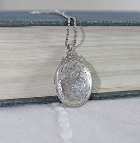 sterling silver locket necklace, vintage Birks, floral scroll pattern with a delicate box chain, Burkhardt bridal necklace, oval locket Silver Locket Necklace Aesthetic, Silver Locket Aesthetic, Unique Locket Necklace, 24th Birthday Ideas, Thrift Wishlist, Unique Locket, Sterling Silver Locket Necklace, Locket Necklace Vintage, Black Diamond Bracelet