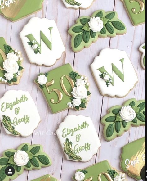 Sage Green Cookies Birthday, Green Sugar Cookies, Housewarming Cake, Gold Cookies, Elegant Birthday, Cookie Ideas, Birthday Cookies, Custom Cookies, 50th Birthday