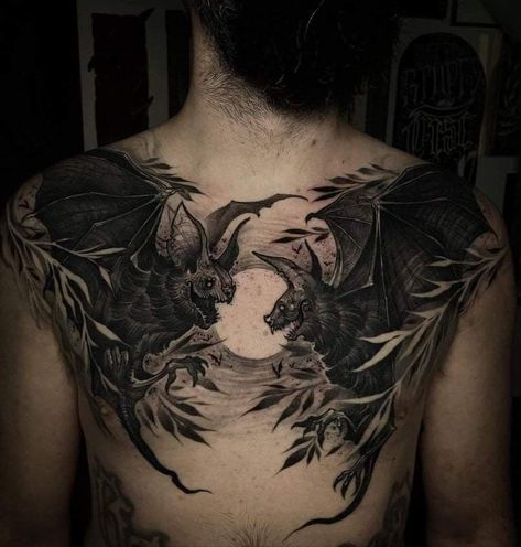 Bats And Skulls Tattoo, Bat Torso Tattoo, Demonic Back Tattoo, Occult Chest Tattoo, Back Tattoo Women Goth, Vampire Back Tattoo, Dark Chest Tattoos For Women, Gothic Chest Tattoo Men, Dark Shoulder Tattoo