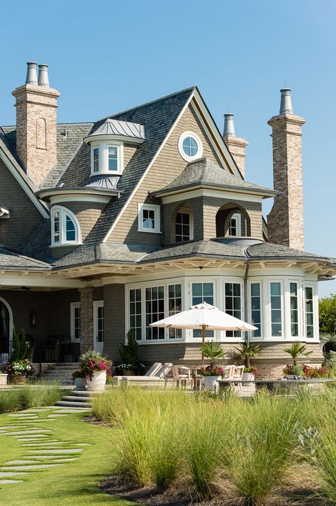 Ocean Front Elevation with Covered Porch, Raised Patio and Brick Chimneys  American  Architectural Details  Coastal  Shingle Style  TraditionalNeoclassical  Garden  Grounds  Patio  Rear Facade by Island Architects Shingle Style Architecture, Chimney Design, Shingle House, Raised Patio, Brick Chimney, Shingle Style Homes, Kiawah Island, Front Elevation, Architecture Details