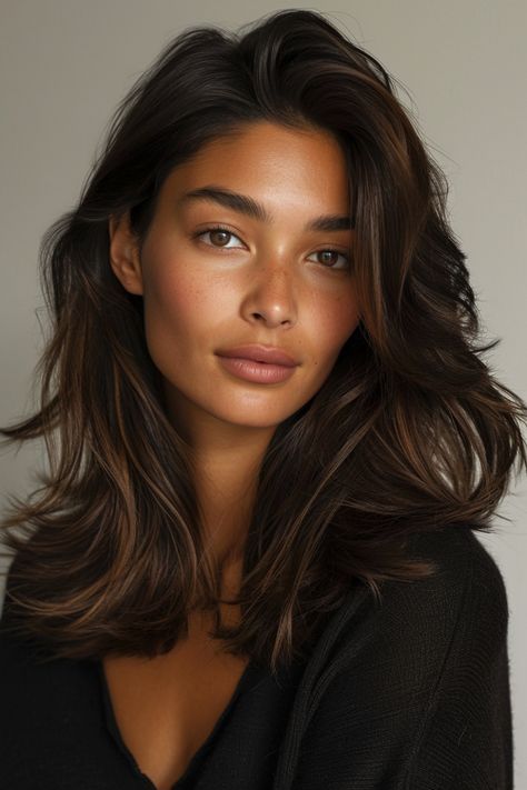 Hair Color Indian Skin Tone, Brown Hair And Tan Skin, Medium Length Thick Hair With Layers, Natural Waves Hairstyles, Dark Hair Tan Skin, Med Brown Hair, Long Brunette Hair With Layers, Dark Hair Fair Skin, Brownie Hair