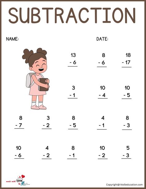 Free First Grade Subtraction Worksheet | FREE Download Subtraction Worksheets Grade 1, First Grade Subtraction, Free Subtraction Worksheets, Multiplication Wheel, Cross Coloring Page, Coloring Games, Decimal Number, Coloring Journal, English Worksheets For Kids