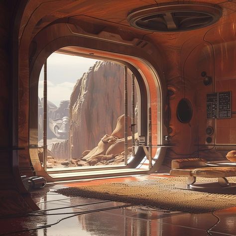 Nasa Punk, Desert Interior Design, Fantasy Interior, Ville Cyberpunk, Traveller Rpg, Sci Fi Landscape, Sci Fi Environment, Ad Astra, Interior Concept