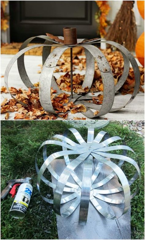 DIY Pottery Barn Inspired Metal Pumpkins Diy Outdoor Decorations, Fall Outdoor Decorations, Outdoor Fall Decorations, Fall Decor On A Budget, Diy Lawn, Metal Pumpkins, Pottery Barn Inspired, Diy Outdoor Decor, Fall Outdoor Decor