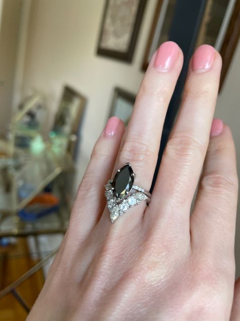 Marquise Engagement Ring With Chevron Band, Black Diamond Marquise Ring, Black Marquise Engagement Ring, Marquise Wedding Ring, Marquise Engagement Ring, Diamond Alternative Engagement Ring, Marquise Diamond Engagement Ring, Ring Inspo, Marquise Diamond Ring