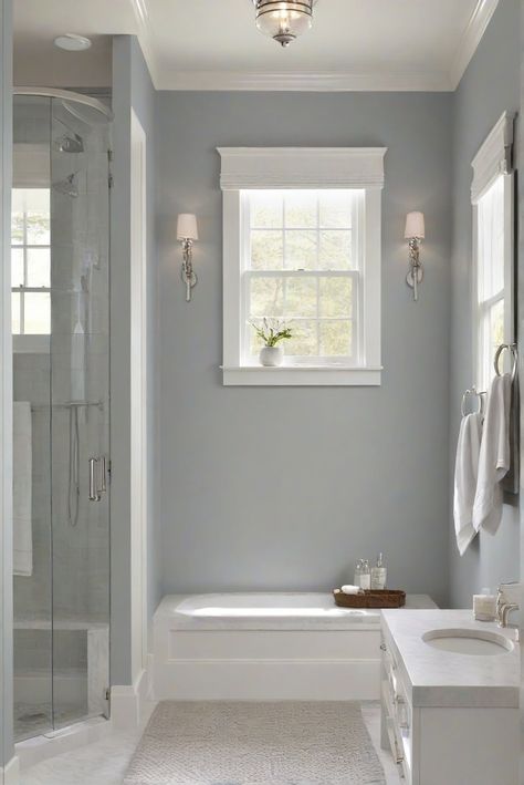 Step into a tranquil bathroom haven with the subtle sophistication of BM Boothbay Gray (HC-165). Discover the daily routine of an interior designer and explore decor ideas for a serene space. #Ad #homedecor #homedesign #bathroom #Painthome interiorarchitecture best Wall Colors for Bathroom Colors Bright Room Colors best colors combinations bathroom bathroom Remodeling Modern Paint Colors 2024 Boothbay Gray Bathroom, Small Bathroom Colors Paint, Bm Boothbay Gray, Bathroom Paint Colors Benjamin Moore, Benjamin Moore Bathroom Colors, Bathroom Paint Colors Sherwin Williams, Boothbay Gray, Gray Bathroom Ideas, Grey Bathroom Paint