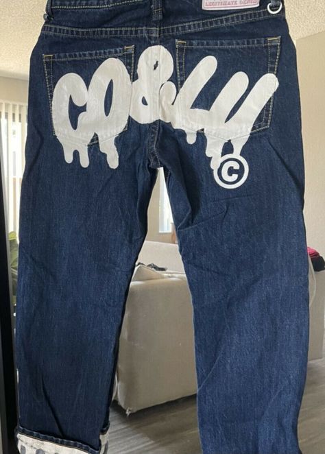 Co & Lu Denim Streetwear From Japan Cocolulu Jeans Custom Diy Clothes, Designs On Jorts, Graphic Jeans Men, 3 Quarter Pants Outfits, Quarter Pants Outfits, Y2k Outfits Roblox Avatar, Jeans Design Ideas, Royale High Y2k, Y2k Jeans Men