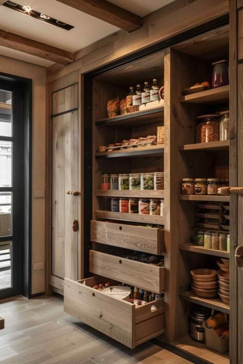 29 Fresh Approaches to Incorporating Rustic Elements in Pantries Modern Rustic Storage Cabinet, Canning Pantry Storage Organization Ideas, Rustic Kitchen Pantry Ideas, Inside Storage Ideas, Modern Rustic Pantry, Canning Pantry Ideas, Vintage Pantry Ideas, Pantry Island Design, Rustic Pantry Cabinet