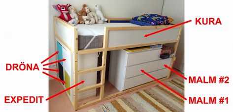 Materials: Kura, Malm, Expedit, Drona, Mammut, formica board Description: What we want: – make more place in my son’s room – offer him a secret play room How we do: Firstly, we look for several pieces of furniture whose dimensions allow them to go under a Kura bed. Malm chests with 3 and 2 drawers … Bunk Bed Curtains, Ikea Garden Furniture, Ikea Picture Frame, Malm Drawers, Ikea Bed Hack, Cama Ikea, Ikea Pictures, Ikea Kura Bed, Hack Ikea