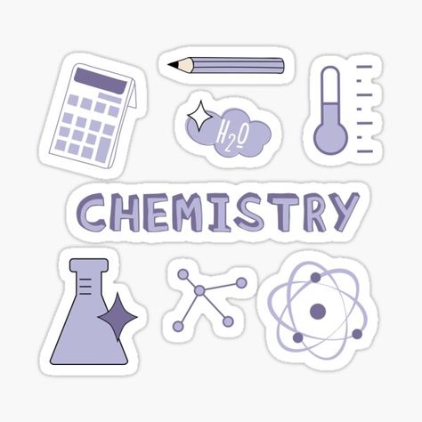 Lilac Light Purple Chemistry Subject Sticker Pack. Perfect gift for anyone heading back to College! Check out my portfolio for all the individual subject versions as I roll them out. Calculator, pencil, thermometer, H20, molecule, atoms and beaker. • Millions of unique designs by independent artists. Find your thing. School Subject Labels Aesthetic, Chemistry Subject, Stiker Printable, Procreate Stickers, School Stickers Labels, Sticker Random, Subject Labels, Green Chemistry, School Book Covers