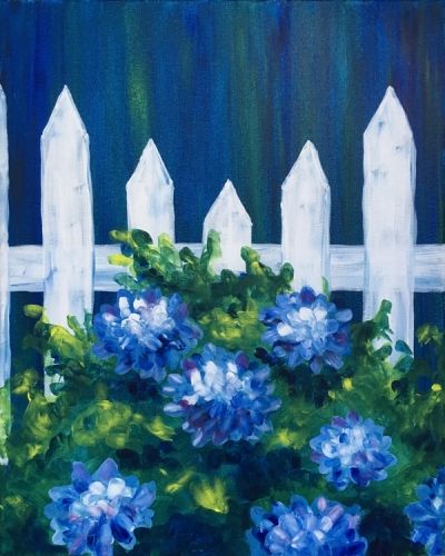 Learn to Paint White Picket Hydrangeas tonight at Paint Nite! Our artists know exactly how to teach painters of all levels - give it a try! Apple Painting, Paint Nite, White Picket Fence, Spring Painting, Italian Kitchen, 수채화 그림, Night Painting, Picket Fence, Kitchen Paint