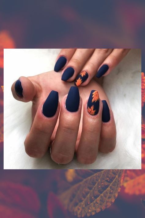 Navy Blue And Burnt Orange Nails, Navy Blue And Orange Nail Designs, Burnt Orange And Navy Nails, Navy Blue Autumn Nails, Navy Orange Nails, Bright Autumn Nails, Burnt Orange Matte Nails, Dark Blue And Orange Nails, Navy Blue And Orange Nails