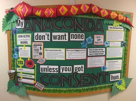 RA bulletin board, consent, anaconda Consent Bulletin Board, Ra Door Decs, Ra Boards, Ra Bulletins, Ra Bulletin Boards, Resident Assistant, Door Decs, Ra Ideas, Door Tags