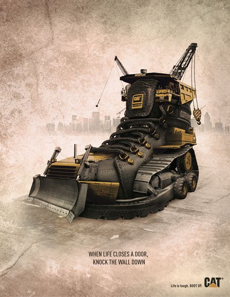 Caterpillar Work Boots Ad | Part of an ad campaign for Cater… | Flickr Mining Engineering, Army Shoes, Caterpillar Equipment, Civil Engineering Design, Mechanical Engineering Design, Illustrator Design Tutorial, Publicidad Creativa, Shoes Ads, Street Marketing