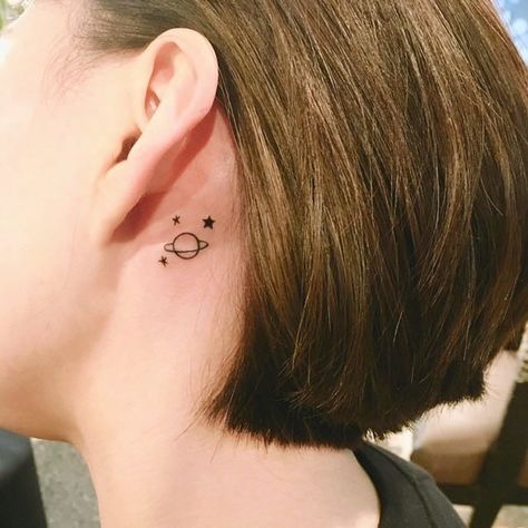 Star Tattoos Behind Ear, Watercolor Heart Tattoos, Behind The Ear Tattoo Ideas, Saturn Tattoo, Behind The Ear Tattoo, Behind Ear Tattoos, Small Heart Tattoos, Ear Tattoo Ideas, Star Tattoo Designs