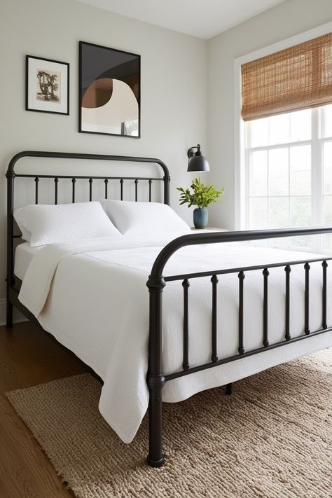 Stylish Metal Bed Frame Bedroom Decor With Metal Bedframe, King Size Metal Bed Frame Wrought Iron, Black Metal Bed Boys Room, Bronze Metal Bed Frame Bedroom Ideas, Bedroom Ideas Metal Bed Frame, Black Iron Bed Frame Bedroom Ideas, Metal Frame Bedroom Ideas, Metal Bed Frame Bedroom Ideas Vintage, Structube Bedroom