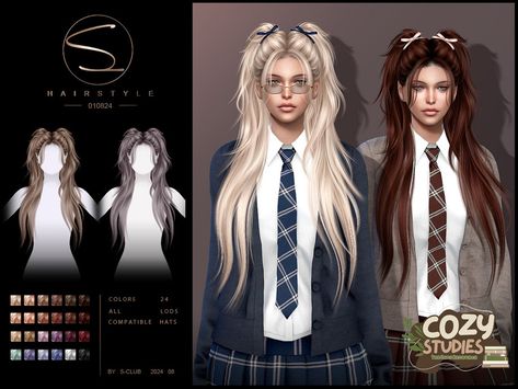 The Sims Resource - (Cozy Studies)Double ponytail hairstyle 010824 Sims 4 Resource Cc Clothes, Sims 4 Big Hair Cc, Sims 4 Long Hair Cc Alpha, Sims 4 Messy Bun Cc, Sims 4 Ponytail, Sims 4 Long Hair Cc, Sims 4 Hairstyles, 4 Hairstyles, Sims 4 Hair Male