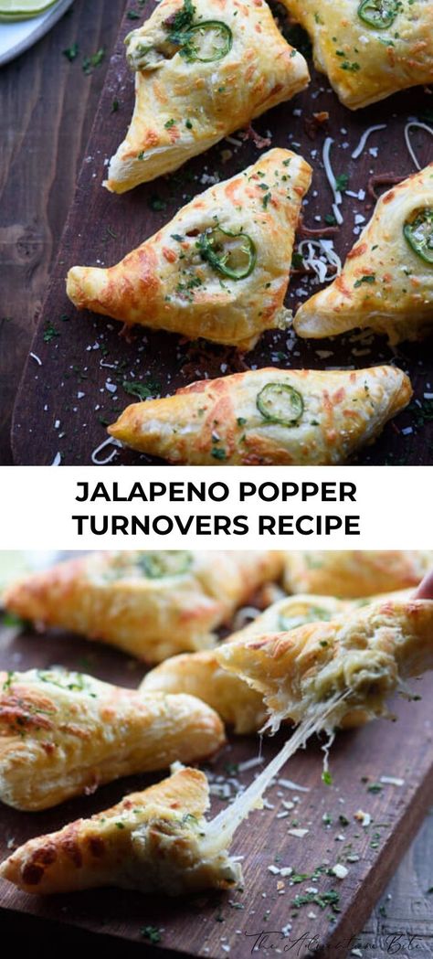 Jalapeno popper turnovers are the perfect easy appetizer recipe! The cheesy filling is mixed with bacon and jalapeño and then wrapped in store bought puff pastry. I always get asked for the recipe!  #jalapeno #popper #turnovers #recipe #appetizer #entertaining #party Jalapeno Popper Pinwheel Recipes, Puff Pastry Jalapeno Poppers, Alpine Food, Rice Ideas, Dream Bakery, Cranberry Salsa, Puff Pastry Appetizers, Turnover Recipes, Cocktail Appetizers