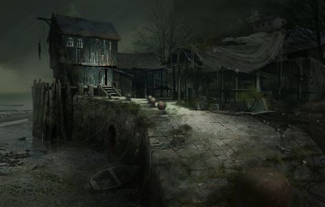 ArtStation - fish docks, Christian Bravery Dock Art, Fantasy Village, Fantasy Locations, Blades In The Dark, Hp Lovecraft, The Evil Within, Dark City, Cosmic Horror, World Of Darkness