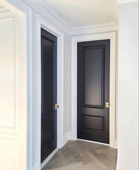 Hallway Woodwork, Navy Interior Doors, House Themes, Herringbone Floors, Navy Interior, Dark Doors, Doors Interior Modern, Custom Doors, Herringbone Floor