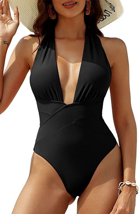 ZAFUL Women’s Halter One Piece Swimsuit Deep V Neck Bathing Suit Crisscross Back Self Tie Monokini Navy Swimsuit, Retro Swimsuit, Push Up Swimsuit, Best Swimsuits, Halter One Piece Swimsuit, Plus Size Swimsuits, Beachwear For Women, One Piece For Women, Monokini