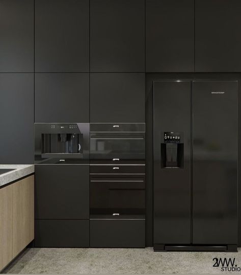 Modern Elegant Kitchen, Modern Fridge, Modern Refrigerator, Logo Ideas Design, Black Fridges, Modern Industrial Kitchen, Elegant Kitchen Design, Kitchen Dining Living Room, Kitchen Layout Plans