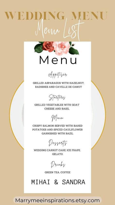 This Menu Template would be a great touch to add to your wedding to let your guest know what food you have available and what they can choose from! #Wedding menu ideas food # Wedding Menu Cards#Wedding Menu design #Wedding Reception Wedding Menu Ideas Food, Menu Design Wedding, Wedding Menu Design, Menu Cards Wedding, Wedding Menu Ideas, Wedding Menus Design, Wedding Food Menu, Menu Card Design, Spiced Cauliflower