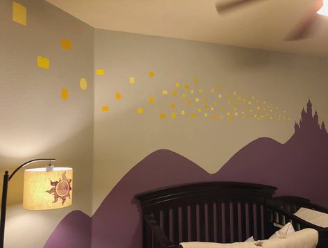 Disney Castle Nursery, Tangled Inspired Nursery, Rapunzel Nursery Theme, Tangled Rapunzel Room Decor, Tangled Themed Nursery, Tangled Bedroom Ideas, Rapunzel Wall Painting, Tangled Nursery Theme, Disney Princess Room Ideas