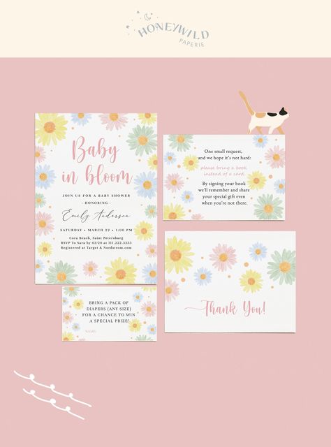 Pastel Daisies Baby in Bloom Baby Shower Small Bundle Set, Girl Daisy Baby Shower Invitation Package Templates, Fully Editable#S235 Daisy Baby Shower Invitations, Daisy Baby Shower, Baby In Bloom, Bloom Baby, Diaper Raffle Tickets, Raffle Tickets, Pastel Hues, Baby Shower Invitation, In Bloom