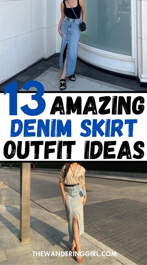 Looking for insanely cute denim skirt outfit ideas? This post shows you all the best long denim skirt outfits and exactly what to wear denim skirt with. This include what shoes to wear with denim skirts, tops to go with denim skirts, and other ways on how to style denim skirts! Jean Skirt Outfits Work, Tops With Denim Skirt, Faded Black Denim Skirt Outfit, Denim Skirt Plaid Shirt, Denim Skirt Outfit Fall 2024, Blue Jean Long Skirt Outfits, What Shoes To Wear With A Long Denim Skirt, How To Dress Up A Denim Skirt, Tops To Wear With Denim Skirts