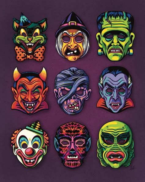 Delightfully fearsome, in vivid colors…prep for Halloween with these ghastly horrors! . . Falls just around the corner and if you’re… | Instagram Traditional Tattoo Iphone Wallpaper, Halloween Characters Drawings, Vintage Halloween Tattoos, Kitchy Halloween, Halloween Vintage Art, Vintage Halloween Illustration, Horror Paintings, Vintage Halloween Prints, Pumpkin Inspo