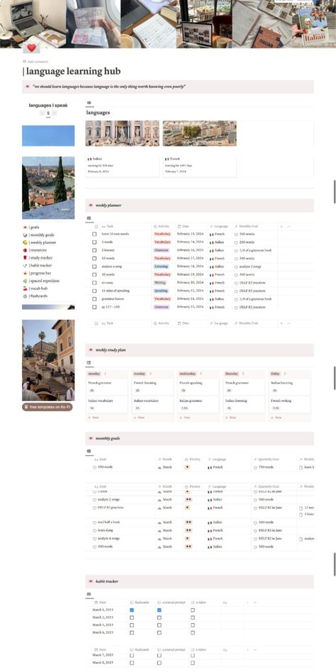 #Language_Learning_Tracker #Notion_Template_Language #Language_Learning_Template #Language_Learning_Notion Notion Study Tracker, Language Study Template, Notion Template Ideas Language Learning, Notion For Language Learning, Notion Language Template, Notion Language Learning Template, Pretty Notion, Notion Template Language, Language Learning Template