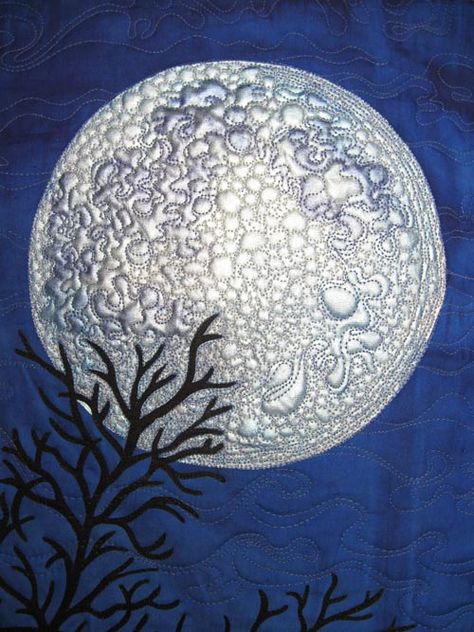 "I See the Moon", quilting detail, Susan Brubaker Knapp Moon Quilt, Landscape Art Quilts, Landscape Quilt, Fiber Art Quilts, Landscape Quilts, Picture Quilts, Moon River, Quilt Stitching, White Quilt