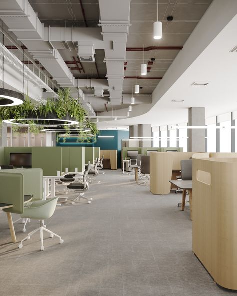 SOFT GREY OFFICE :: Behance Green Grey Office, Monochromatic Office Design, Pastel Green Office, Green And Grey Office, Staff Area Design Office, Green Office Interior, Workplace Design Office, Modern Office Design Inspiration, Industrial Interior Office