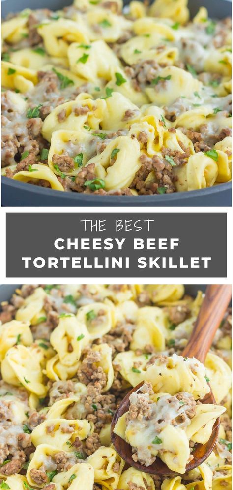 Cheese Tortolini Recipe, 1 Pan Skillet Meals, Beef Tortellini Skillet, Dinner Idea Tortellini, Cheesy Tortellini Casserole, Tortellini Recipes Easy Ground Beef, Cheese Tortellini Recipes With Hamburger, Recipes With Ground Beef And Tortellini, Hamburger Meat Recipes Tortellini