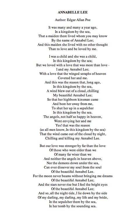 "And this maiden, she lived with no other thought than to love and be loved by me..." This poem still brings me to tears. Love Poe. Edgar Allen Poe Poems, Poems By Famous Poets, Edgar Allen Poe Quotes, Poe Quotes, Annabel Lee, Poetry Unit, Edgar Allen, Famous Poets, Dark Artifices