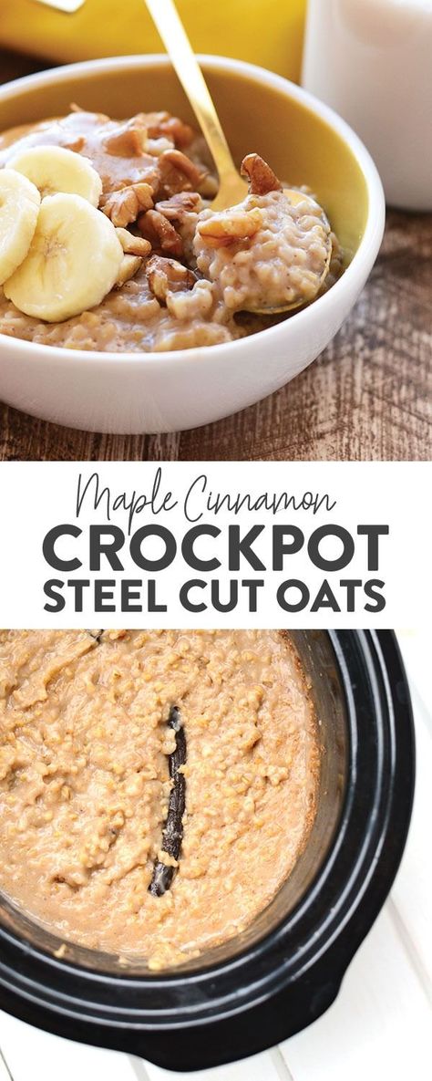 Whip out your slow cooker and let’s get cooking. Crockpot steel cut oats are so easy to make and healthy too! Out Maple Cinnamon Steel Cut Oatmeal is made with 6 simple ingredients for a wholesome, filling breakfast. #oatmeal #slowcooker #crockpot #healthy #recipe #steelcutoats Crockpot Steel Cut Oats, Steel Cut Oats Crockpot, Oatmeal Recipes Crockpot, Steel Cut Oats Overnight, Breakfast Crockpot, Crockpot Oatmeal, Steel Cut Oats Recipe, Overnight Oatmeal Recipes, Crockpot Breakfast Casserole