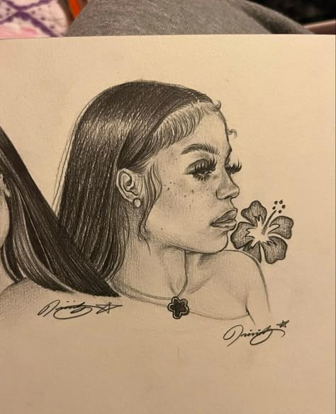 aesthetic drawing of a black girl with a hibiscus flower Drawing Inspo Side Profile, Drawing Hibiscus Flower, Black Drawings Sketches, Art Sketches Realistic, Baddie Drawings, Hibiscus Drawing, Hibiscus Flower Drawing, Body Bases, Black Drawing