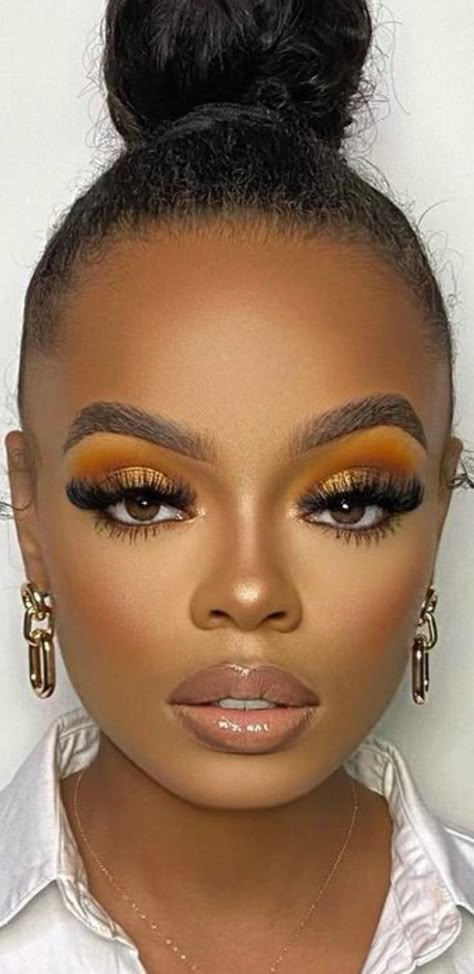 Neutral Makeup For Black Women, Orange Smokey Eye Makeup Black Women, Gold And Orange Makeup Looks, Yellow And Gold Eyeshadow Looks, Fall Eyeshadow Looks Black Women, Makeup For Copper Dress, Burnt Orange Makeup Look Black Women, Black Women Eye Makeup, Gold Eyeshadow Looks Black Women