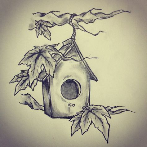 birdhouse drawing art - Google Search Bird House Sketch, Bird House Tattoo Ideas, Bird House Tattoo, Bird House Drawing, Birdhouse Tattoo, Cute Bird Drawing, Sketch Bird, Bird House Garden, Vogel Tattoo