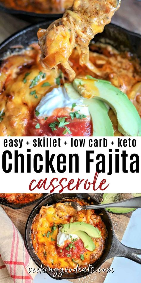 Skillet Chicken Fajitas Casserole (Low Carb and Keto) is a super delicious and EASY Mexican recipe! 8 ingredients and one-pan from stovetop to oven! Full of your favorite fajitas flavors, but in a tasty casserole. Yum. This keto chicken casserole is the perfect low carb meal for the whole family. A cast-iron skillet meal makes weeknight dinners so much easier. An easy keto recipe for beginners too! #keto #lowcarb #chicken #mexicanfoodrecipes #seekinggoodeats #skillet #fajitas #tacotuesday #... Skillet Chicken Fajitas, Fajita Casserole, Fajita Seasoning Mix, Chicken Fajita Casserole, Keto Chicken Casserole, Baked Chicken Fajitas, Recipe For Beginners, Homemade Fajita Seasoning, Mexican Recipe